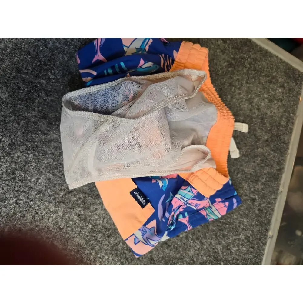 Chubbies Boys Size 5 Shark Print Swim Trunks Blue Orange Lined Board Shorts